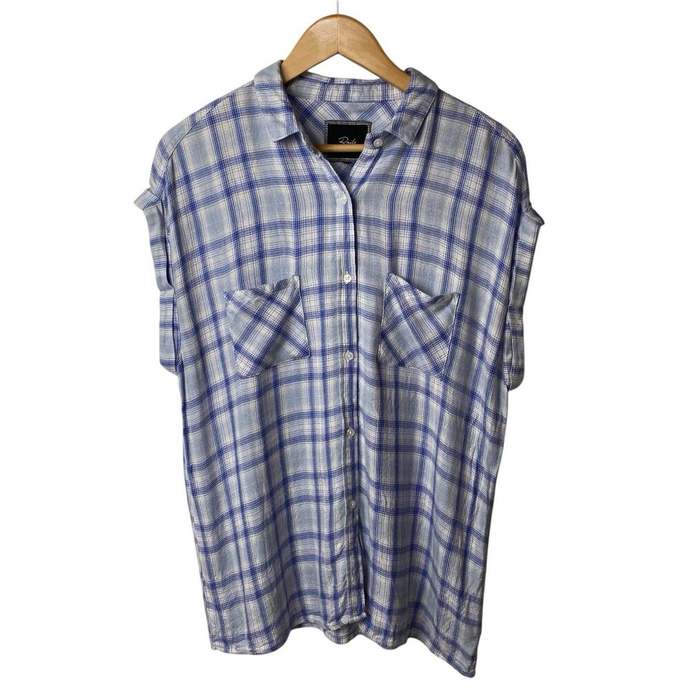 Rails Britt Blue Plaid Rayon Button Up Shirt Womens L Short Sleeve Blouse Soft